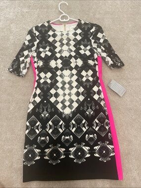Eliza J Black & White Geometric Midi Dress with Hot Pink Side Panels